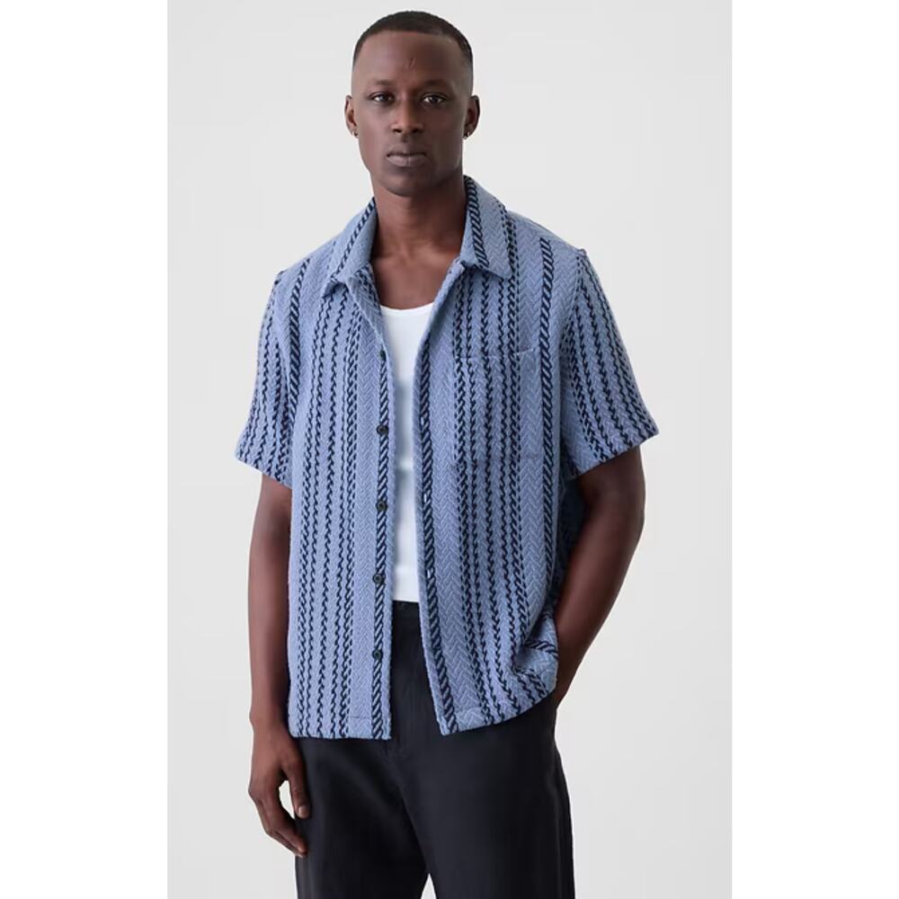 NWT GAP Thick Textured Distant Blue Stripe Woven Short SLV Button‎ Up Shirt XS
